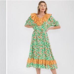 Beulah Green and Orange Floral Midi Dress
